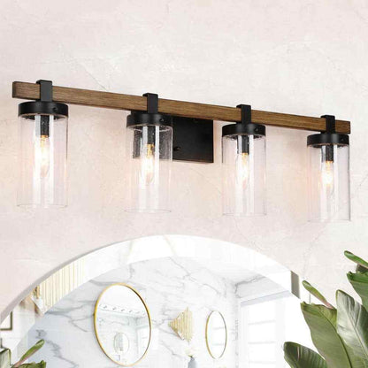 LNC Industrial 29 in. 4-Light Black Vanity Light w/ Seeded Glass Shades