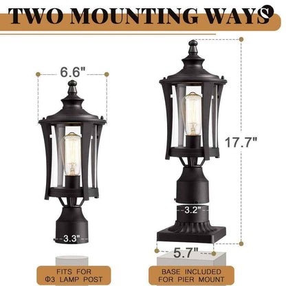 JAZAVA 1-Light Black Outdoor Pier Mount Post Lantern Lamp Lights 2 Pack