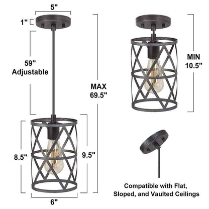 LNC Modern Industrial Brushed Grey Drum Pendant Light with Open Cage Shade