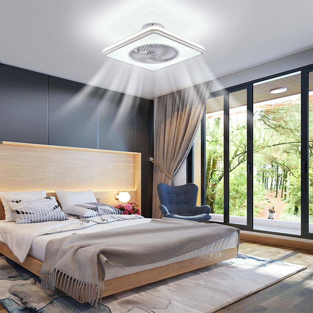 Modern White Square Shape LED Indoor Enclosed Ceiling Fan w/ Remote Control