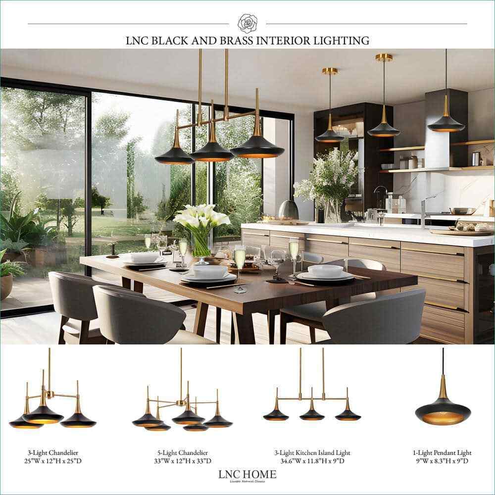 LNC Modern Matte Black Island Chandelier w/ Bell Metal Shades