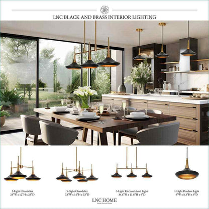 LNC Modern Matte Black Island Chandelier w/ Bell Metal Shades
