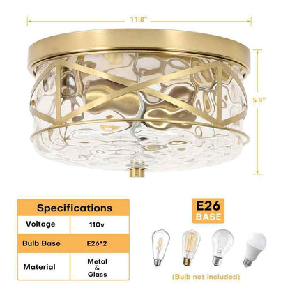 LamQee 12 in. 2-Light Brass Gold Flush Mount Water Ripple Glass Ceiling Light