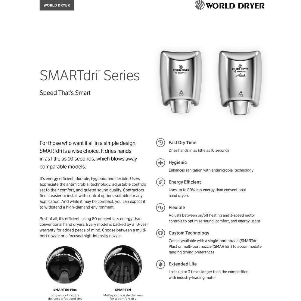 Electric Bathroom Hand Dryer High Efficiency Antimicrobial, Brushed Stainless