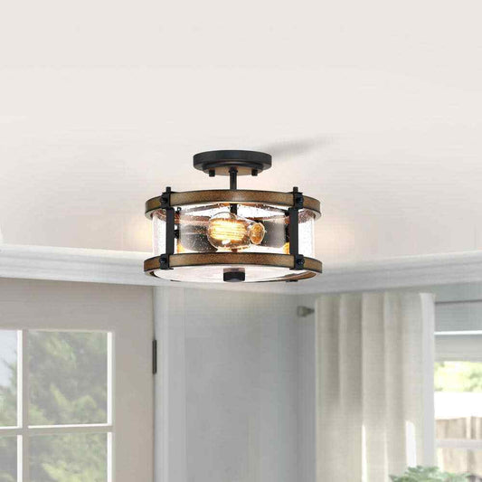 Hukoro Mousse 12.2 in. 2-Light Semi Flush Mount w/ Matte Black Barnwood Accents