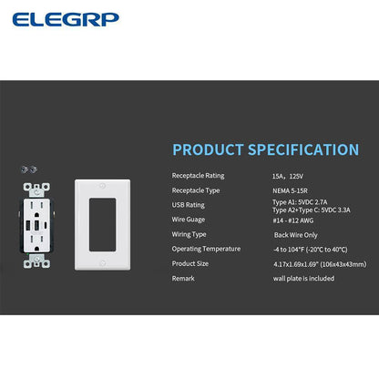 ELEGRP 30-Watt 15 Amp 3-Port Type C and Type A USB Duplex USB Wall Outlet 2-Pack