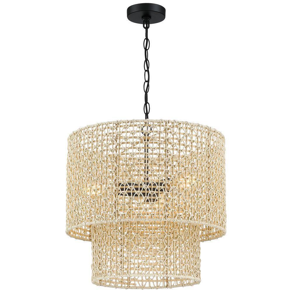 TRUE FINE Bohe 19 in. 4-Light Bohemian Pendant with Natural Rattan Shade