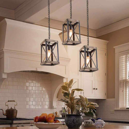 LNC Black Rustic Wood Cage Pendant Light