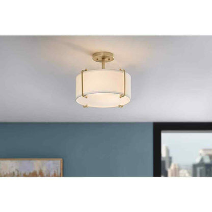 Home Decorators Brookley Brushed Gold Semi-Flush Mount w/ White Fabric Shade