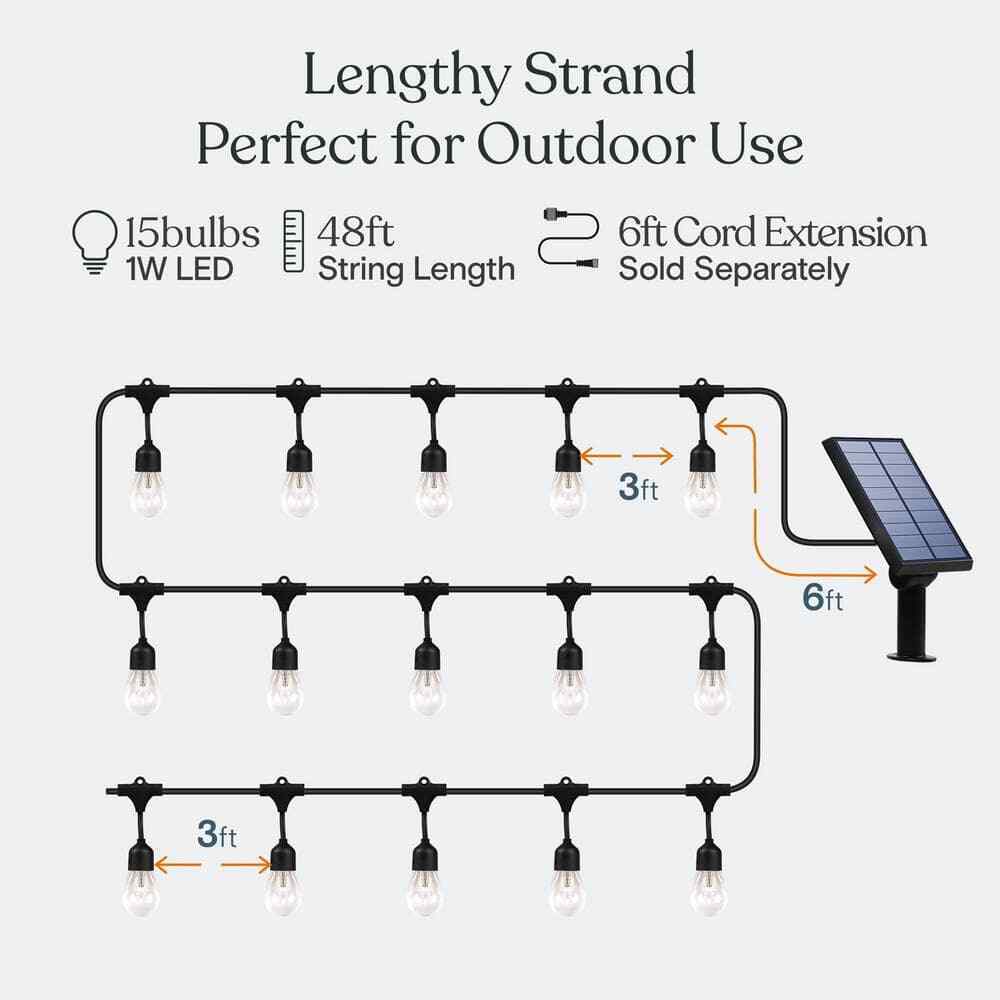 Brightech Ambience Pro 15-Light 48' Solar 1W 2700k LED S14 Hanging String-Light
