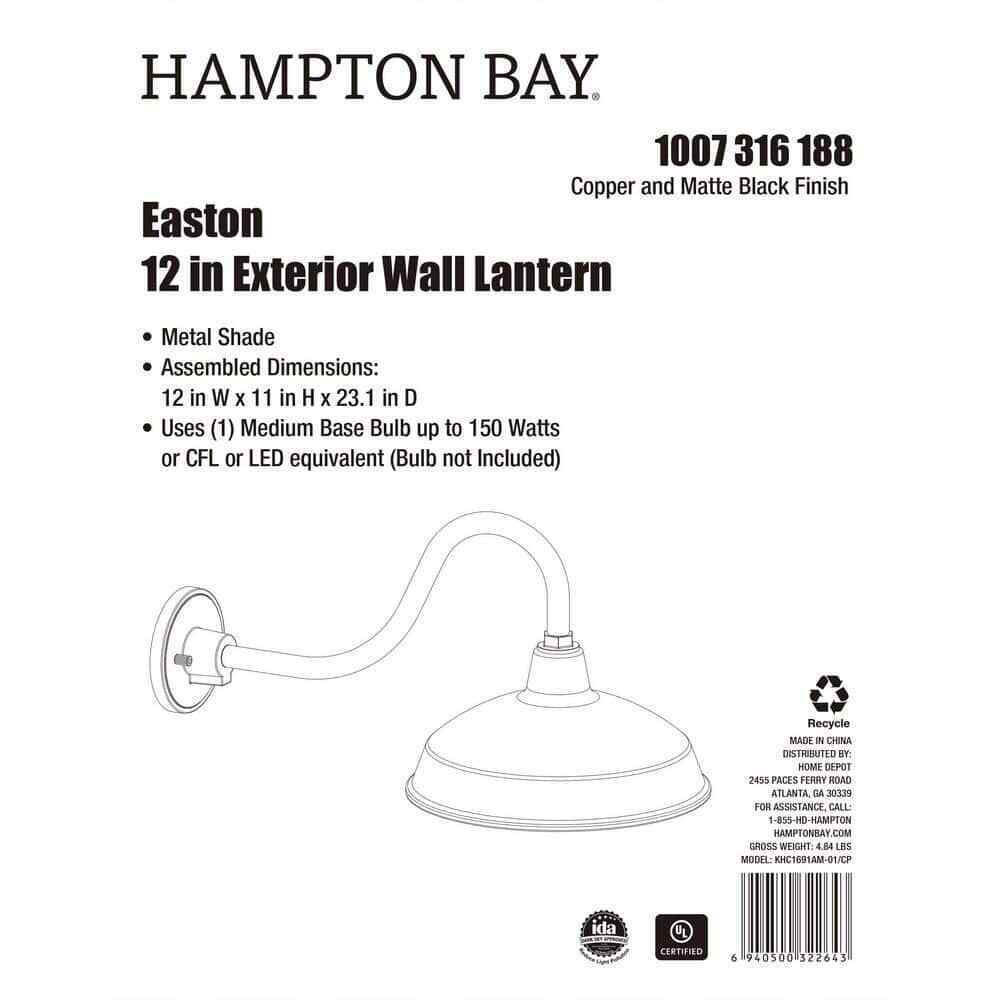 Hampton Bay Easton 11 in. Copper Barn Outdoor Wall Lantern Sconce w/ Steel Shade