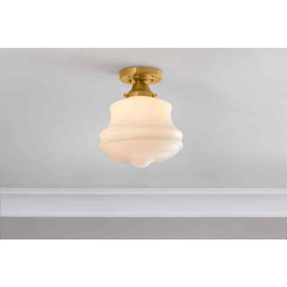 Home Decorators Schoolhouse 10 in. Aged Brass Semi Flush Mount Light Opal Glass