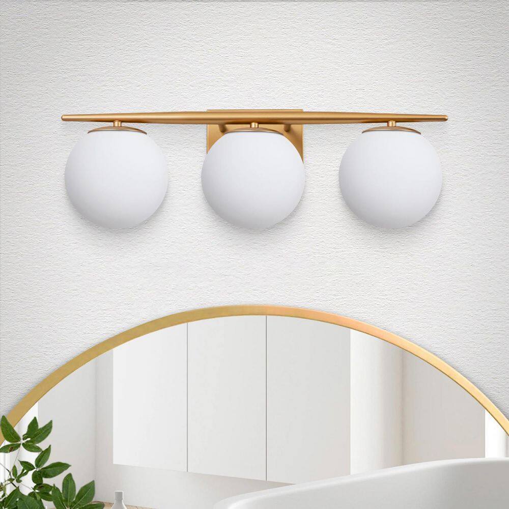 RRTYO Kara 21.97 in. 3-Light Gold Vanity Light with Milky White Glass Ball Shade