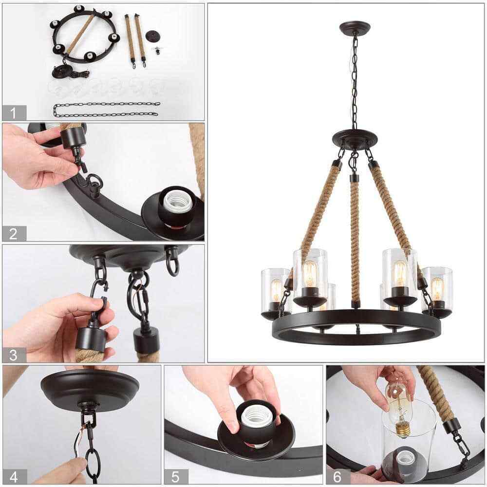LNC Farmhouse 6-Light Dark Brown Wagon Wheel Island Rustic Chandelier