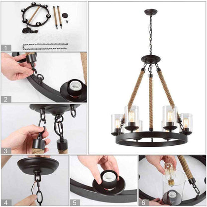 LNC Farmhouse 6-Light Dark Brown Wagon Wheel Island Rustic Chandelier