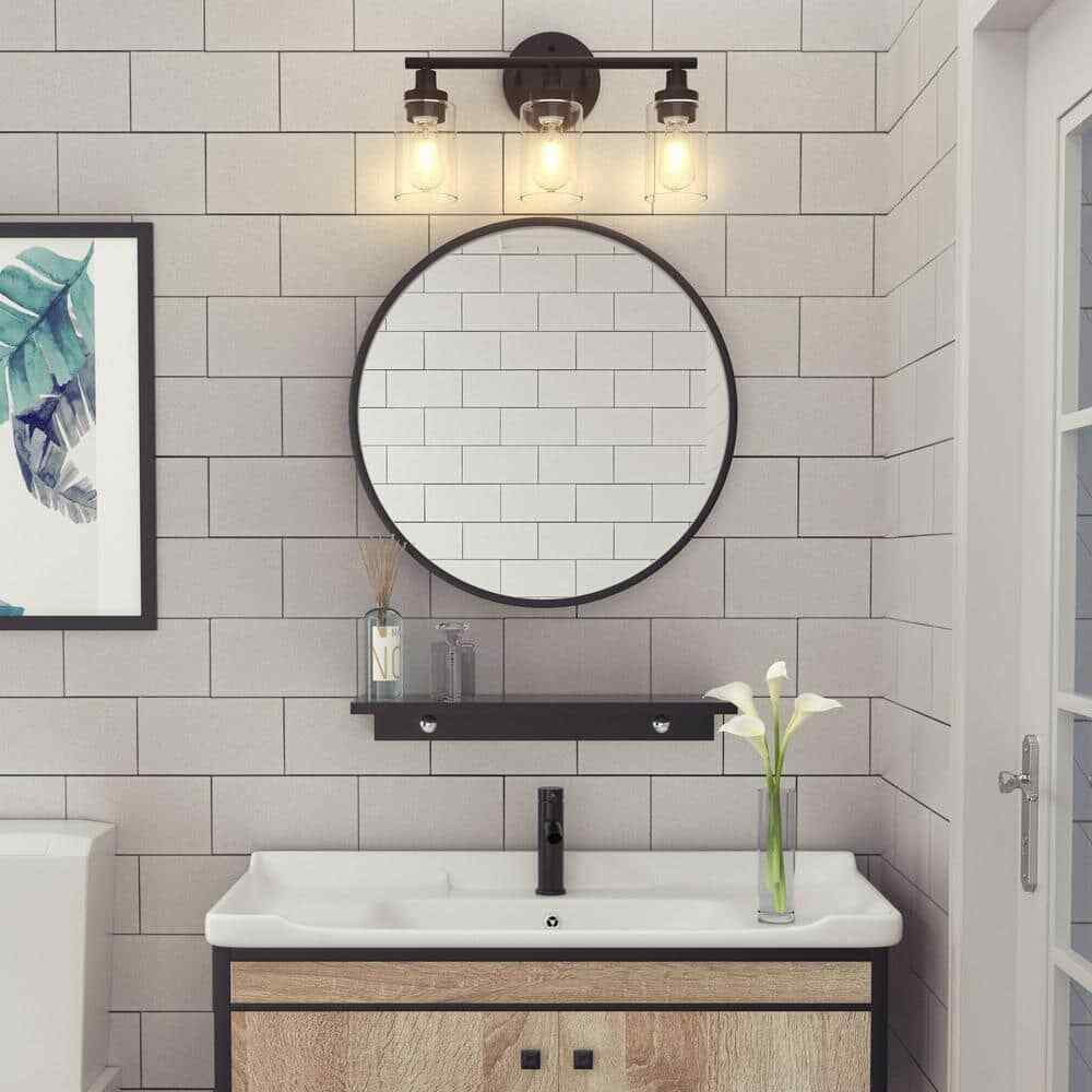 Merra 17 in. 3-Light Modern Matte Black Vanity-Light with Clear Glass Shade