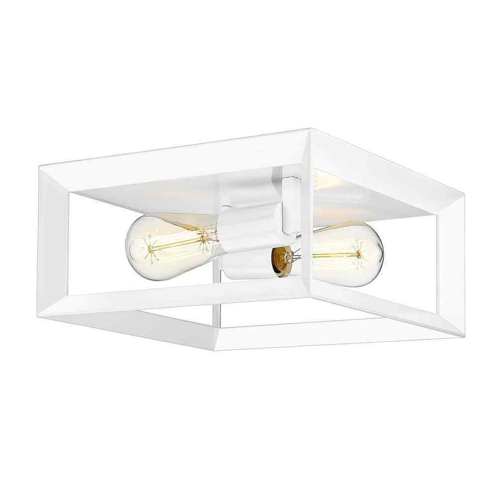 JAZAVA Farmhouse 11.5 in. 2-Light White Square Cage Flush Mount Ceiling Light