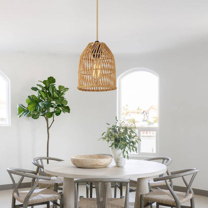 Cinkeda 1-Light Brown Bowl Pendant Light with Natural Rattan Shape DD-79