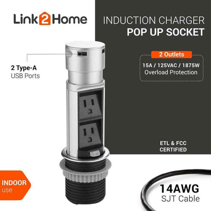 Link2Home Space Saver Pop Up-Outlet 2 Power Outlets 2 USB Ports 2.4 Amp