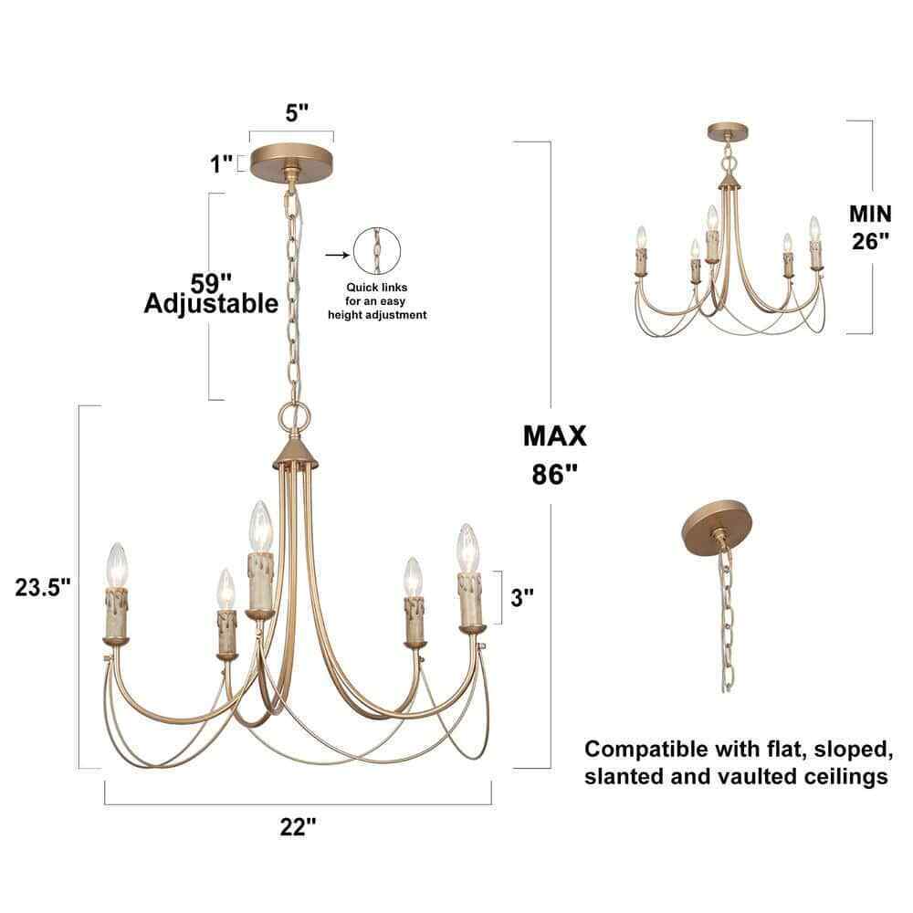 LNC Modern Satin Gold Farmhouse 5-Light Chandelier Candlestick Ceiling Light