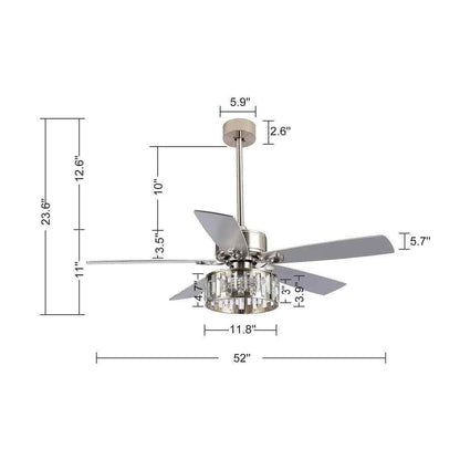 Breezary Sergio 52 in. Indoor Crystal Satin Nickel Ceiling Fan w/ Remote + Light