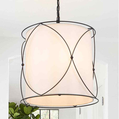 Uolfin Modern Drum Island Chandelier Pendant Cage Light w/ Fabric Shade