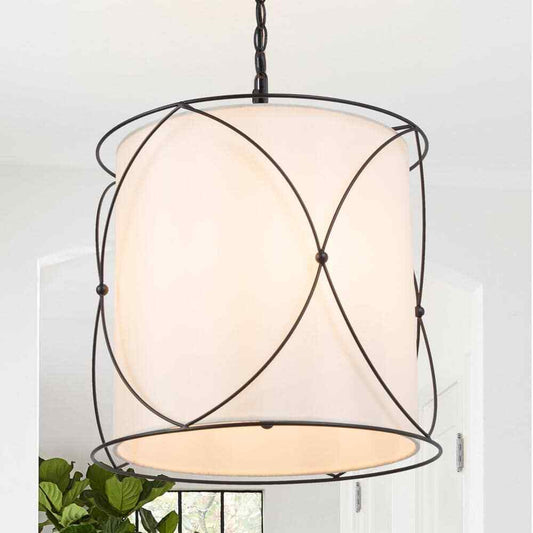 Uolfin Modern Drum Island Chandelier Pendant Cage Light w/ Fabric Shade
