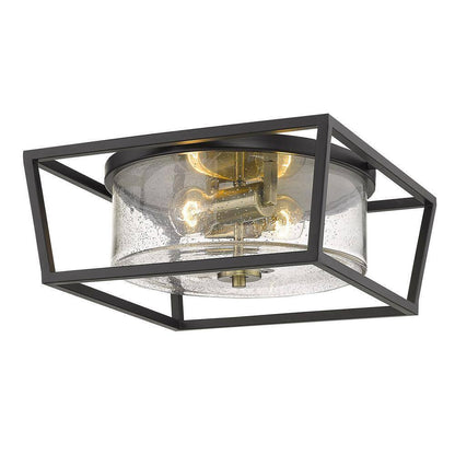 Golden Lighting Mercer 14.5 in. Matte Black Aged Brass Seeded Glass Flush Mount