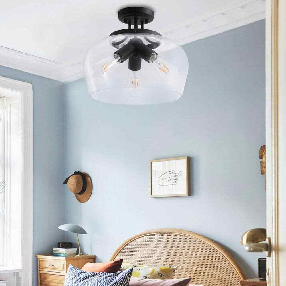 Merra 14 in. 3-Light Matte Black Semi-Flush Mount with Clear Glass Shade