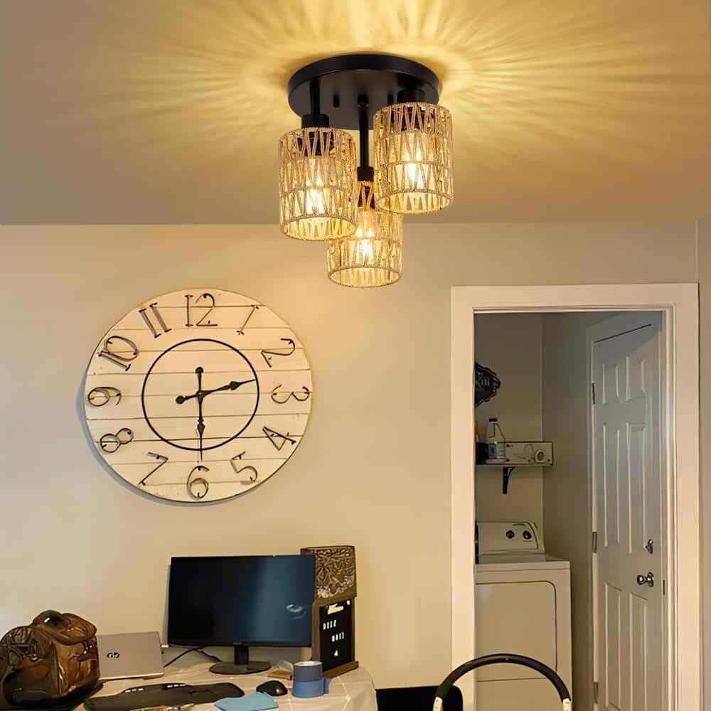 PUDO Flush Mount Boho 3-Light Brown Cage Pendant Light