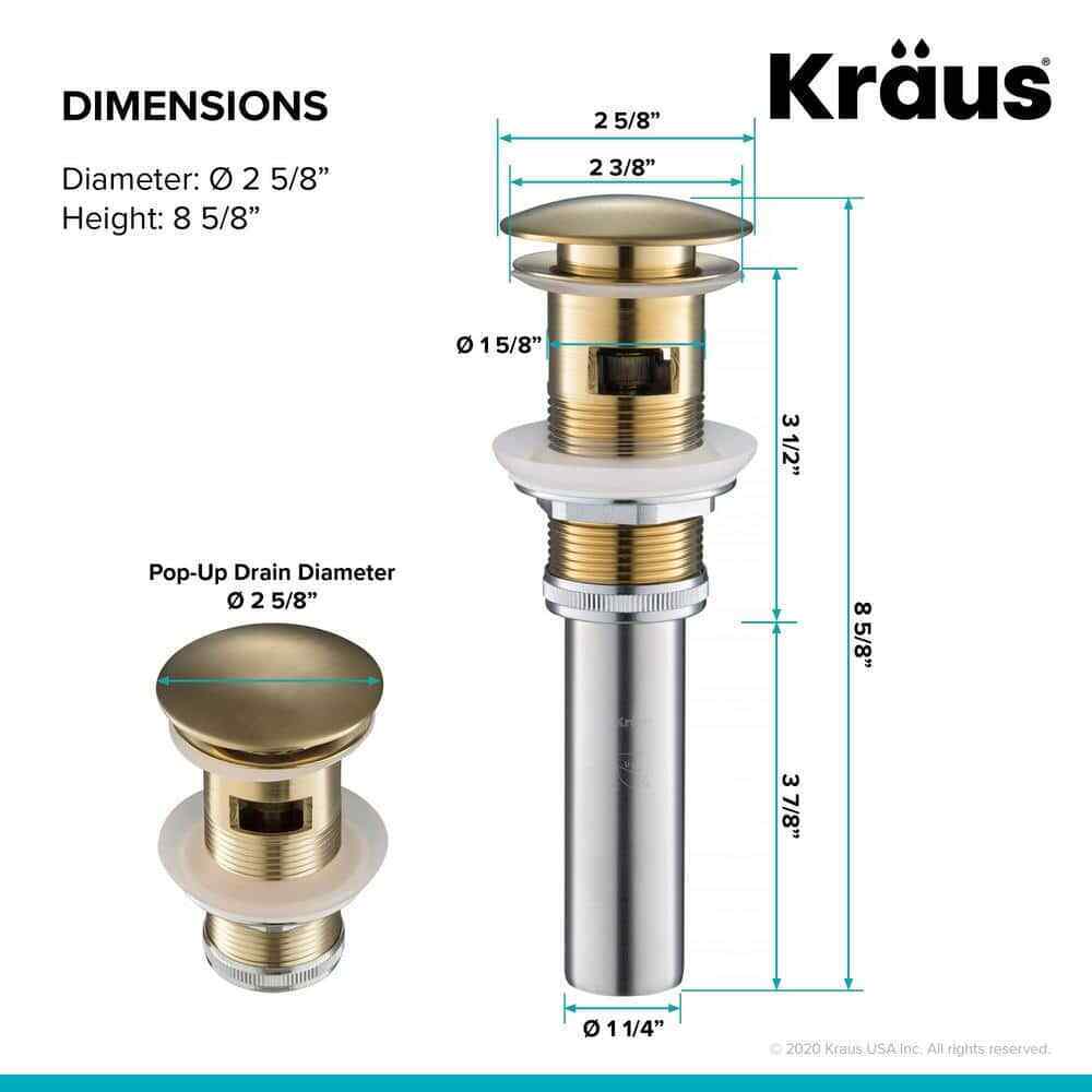 KRAUS Brass 2.6 in. Pop-Up Drain for Bathroom Sink with Overflow in Brushed Gold