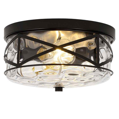 LamQee 12 in. 2-Light Black Flush Mount Water Ripple Glass Ceiling Light