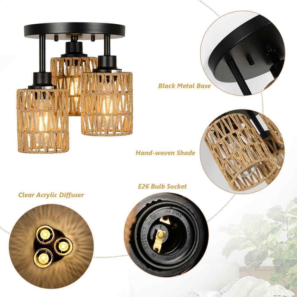PUDO Flush Mount Boho 3-Light Brown Cage Pendant Light