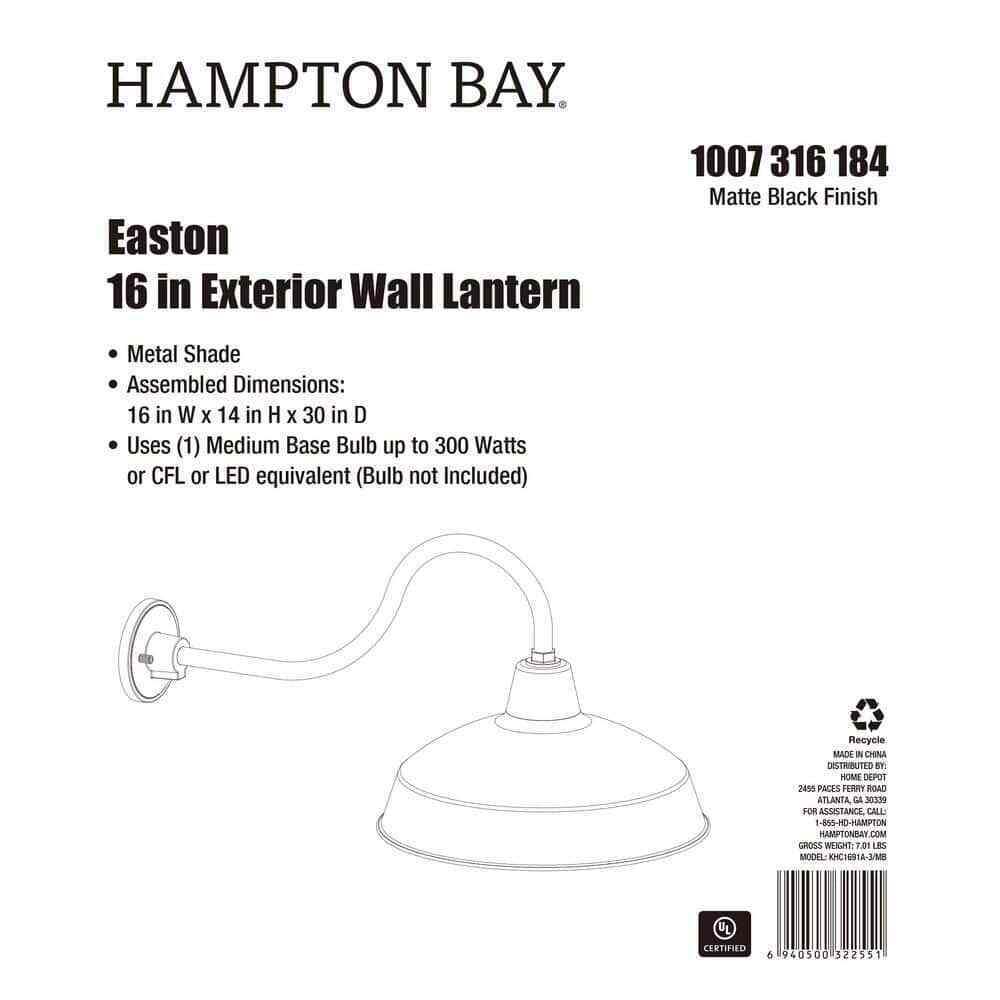 Hampton Bay Easton 1-Light Matte Black Barn Outdoor Wall Lantern Sconce
