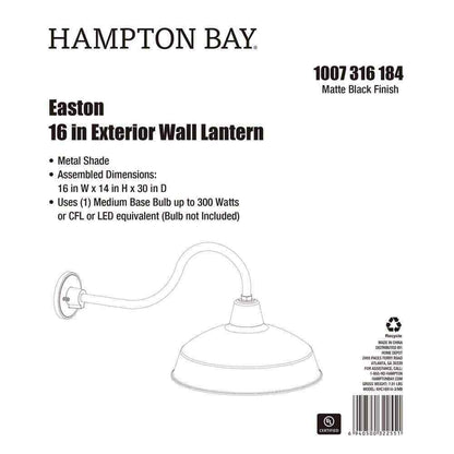 Hampton Bay Easton 1-Light Matte Black Barn Outdoor Wall Lantern Sconce
