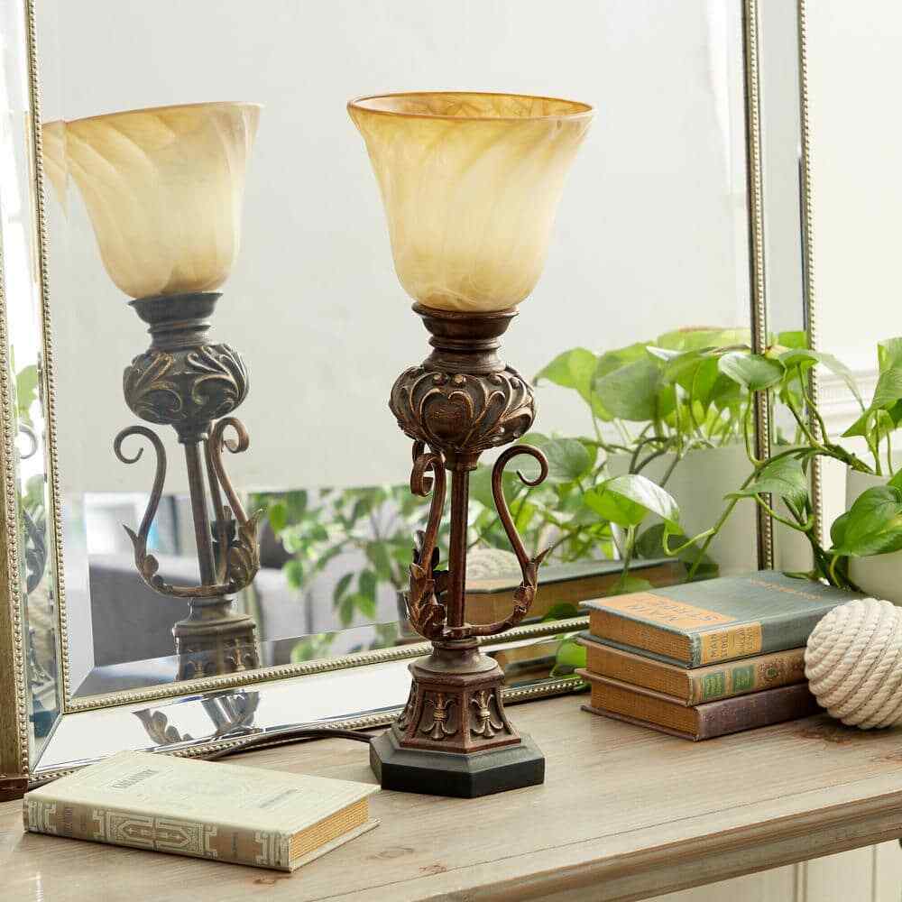 Litton Lane 20 in. Brown Metal Antique Style Floor Lamp Light with Scrolls