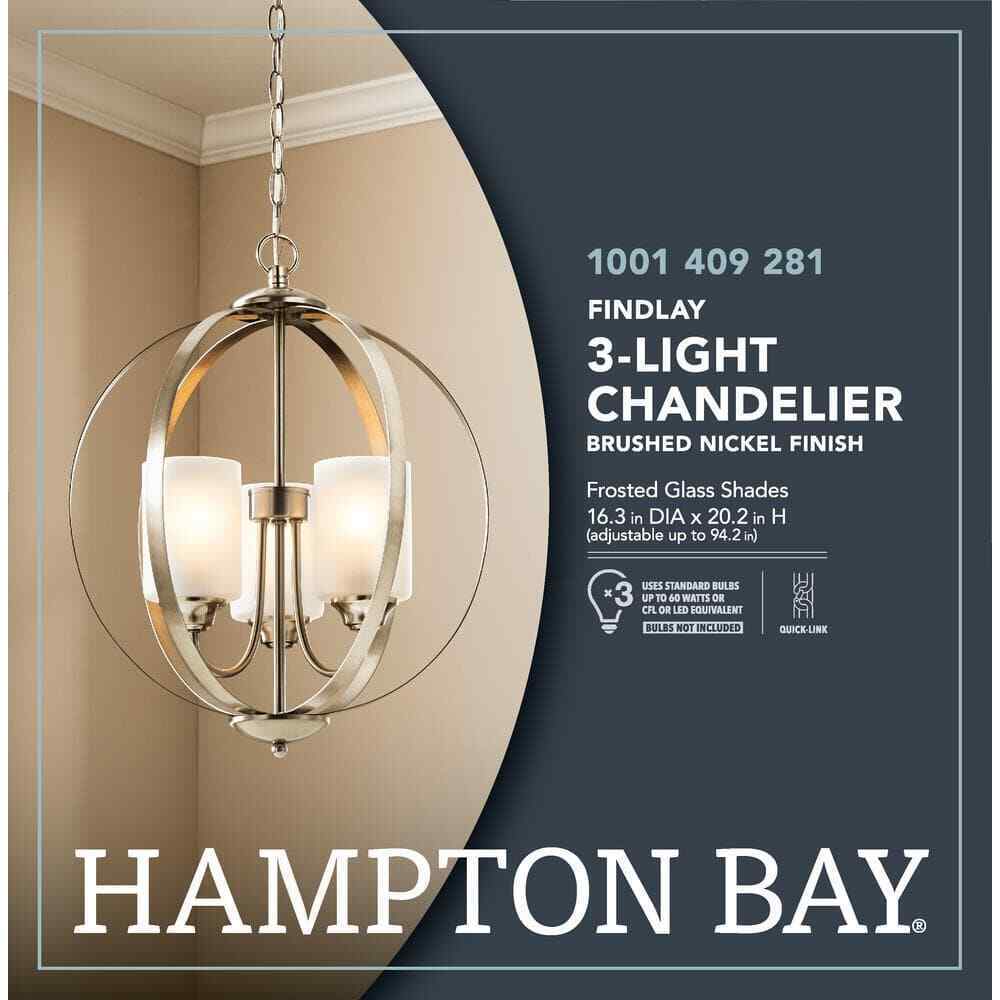 Hampton Bay Findlay 3-Light Brushed Nickel Chandelier w/ Etched White Glass