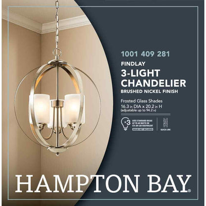 Hampton Bay Findlay 3-Light Brushed Nickel Chandelier w/ Etched White Glass