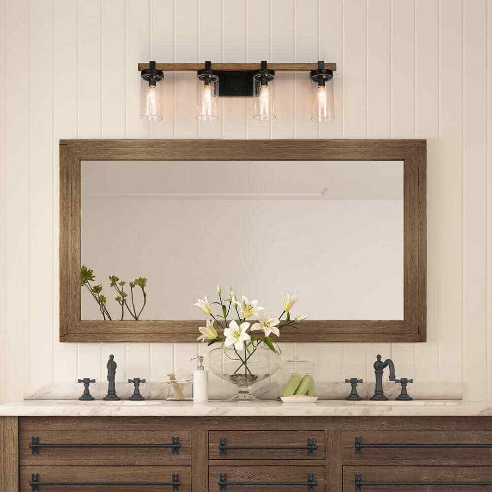 LNC Industrial 29 in. 4-Light Black Vanity Light w/ Seeded Glass Shades