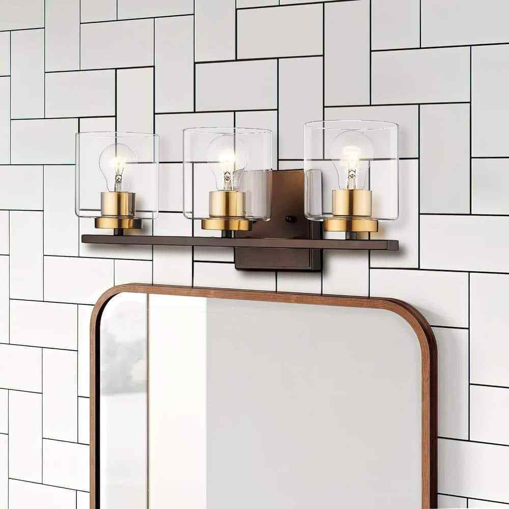 JAZAVA 20.9 in. 3Oil Rubbed Bronze and Gold Finish Vanity Light w/ Glass Shade