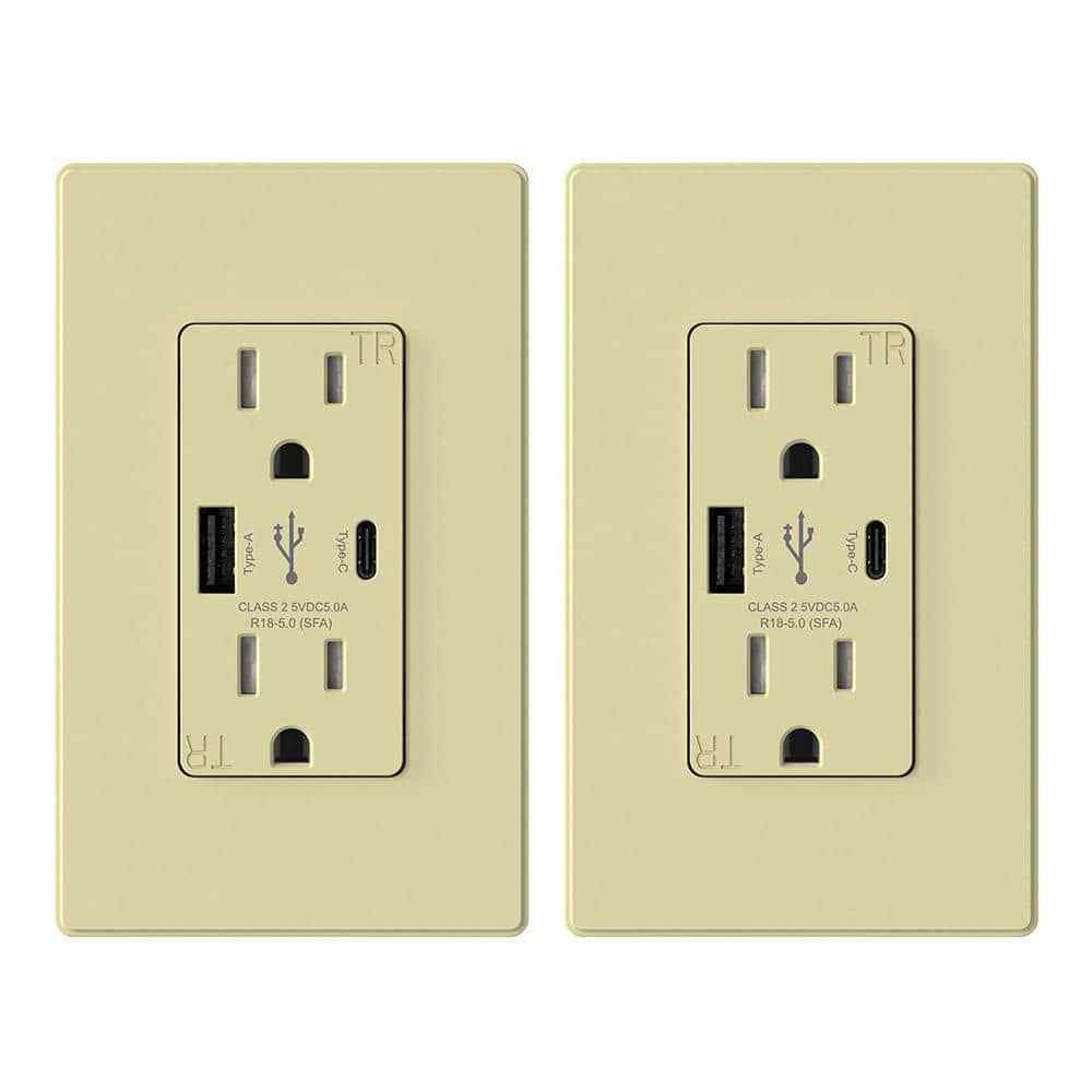 ELEGRP 25-Watt 15 Amp Type A and C Dual USB Charger w/ Duplex Outlet, Ivory