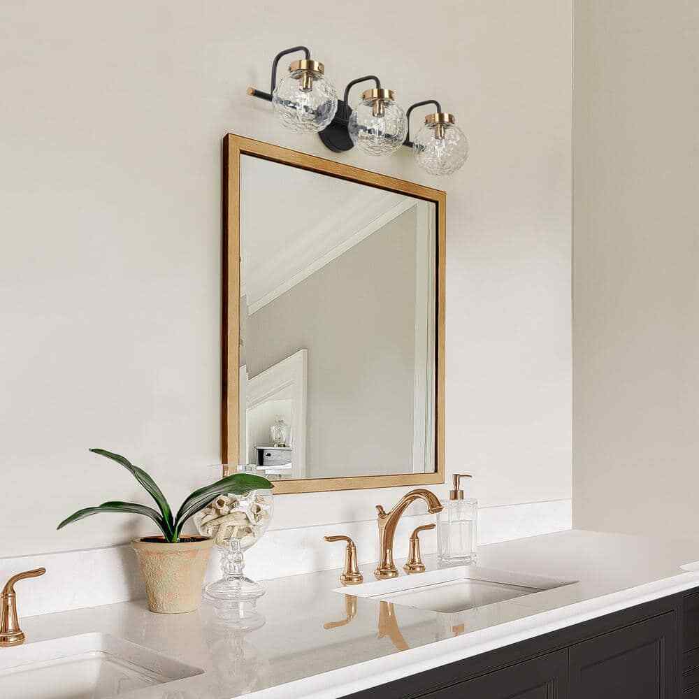 LNC Modern 3-Light Black Vanity Light Brass Wall Light w/ Raspberry Glass Shade