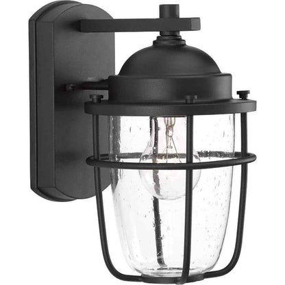 Progress Lighting Holcombe Textured Black Clear Seeded Glass Wall Lantern Light