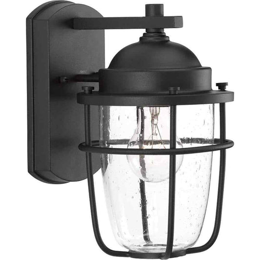 Progress Lighting Holcombe Textured Black Clear Seeded Glass Wall Lantern Light