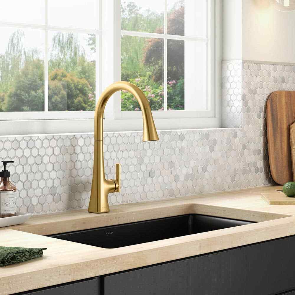 KOHLER Conti Single Handle Pull Down Sprayer Kitchen Faucet Brushed Brass