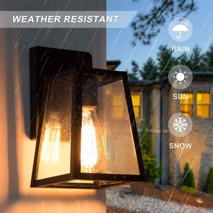 LNC Modern Matte Black Lantern Outdoor Wall Light w/ Seeded Glass Shade