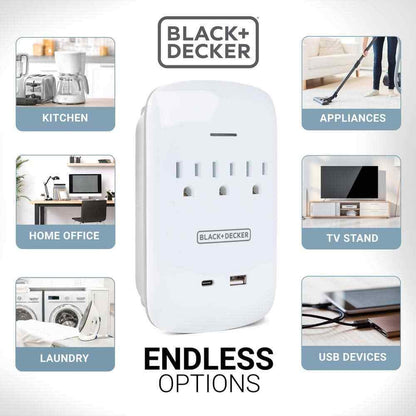 BLACK+DECKER 3 Grounded Outlets Surge Protector Wall Mount USB C Charging Port