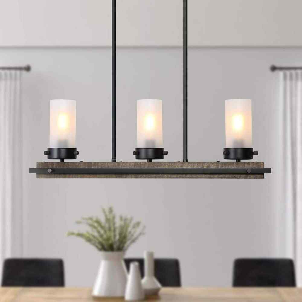 LNC 3-Light Black Island Wood Chandelier w/ Cylinder White Frosted Glass Shades
