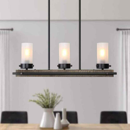 LNC 3-Light Black Island Wood Chandelier w/ Cylinder White Frosted Glass Shades