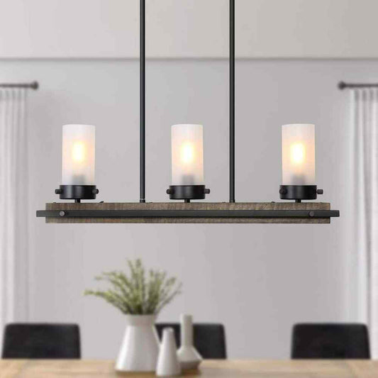 LNC 3-Light Black Island Wood Chandelier w/ Cylinder White Frosted Glass Shades